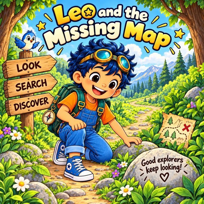 Leo, kneeling on a forest trail with a treasure map