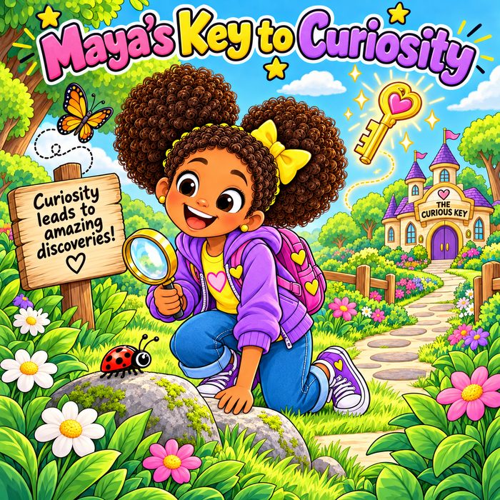 Maya, holding a magnifying glass in the garden