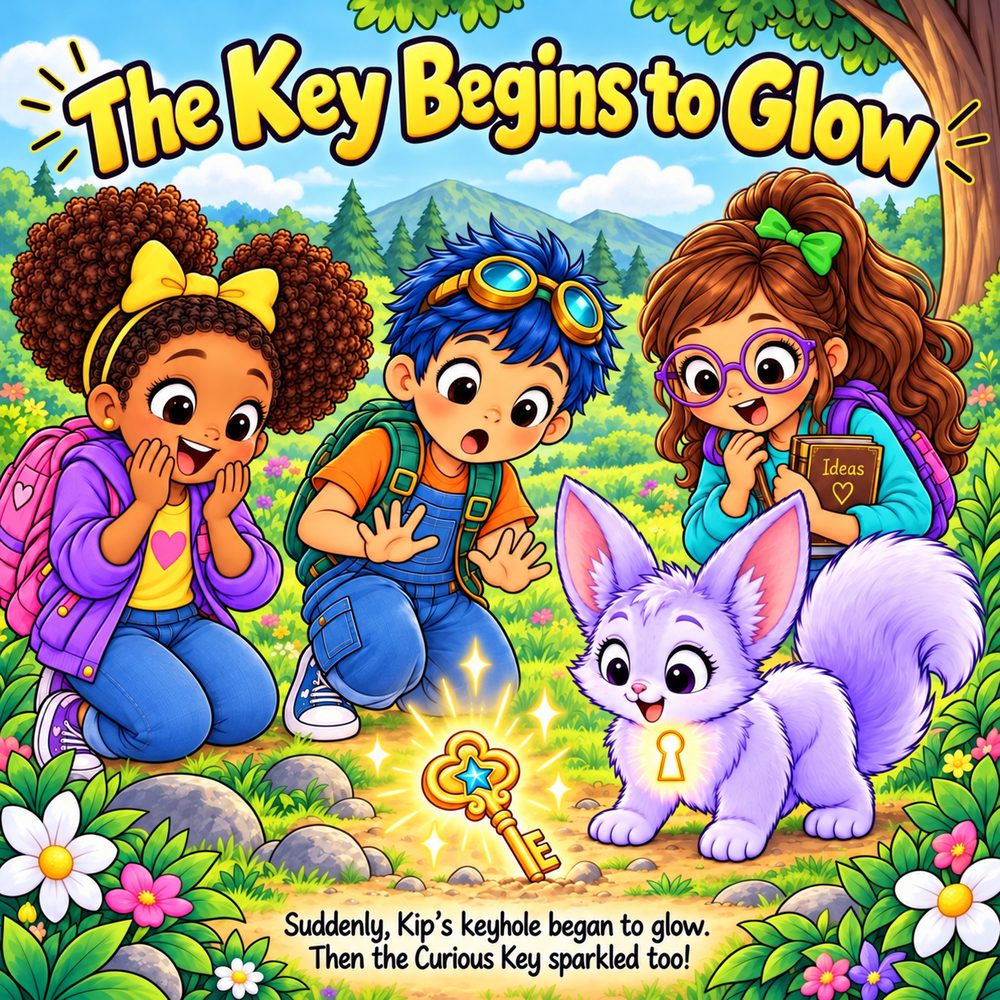 Kip's keyhole begins to glow as the Curious Key sparkles